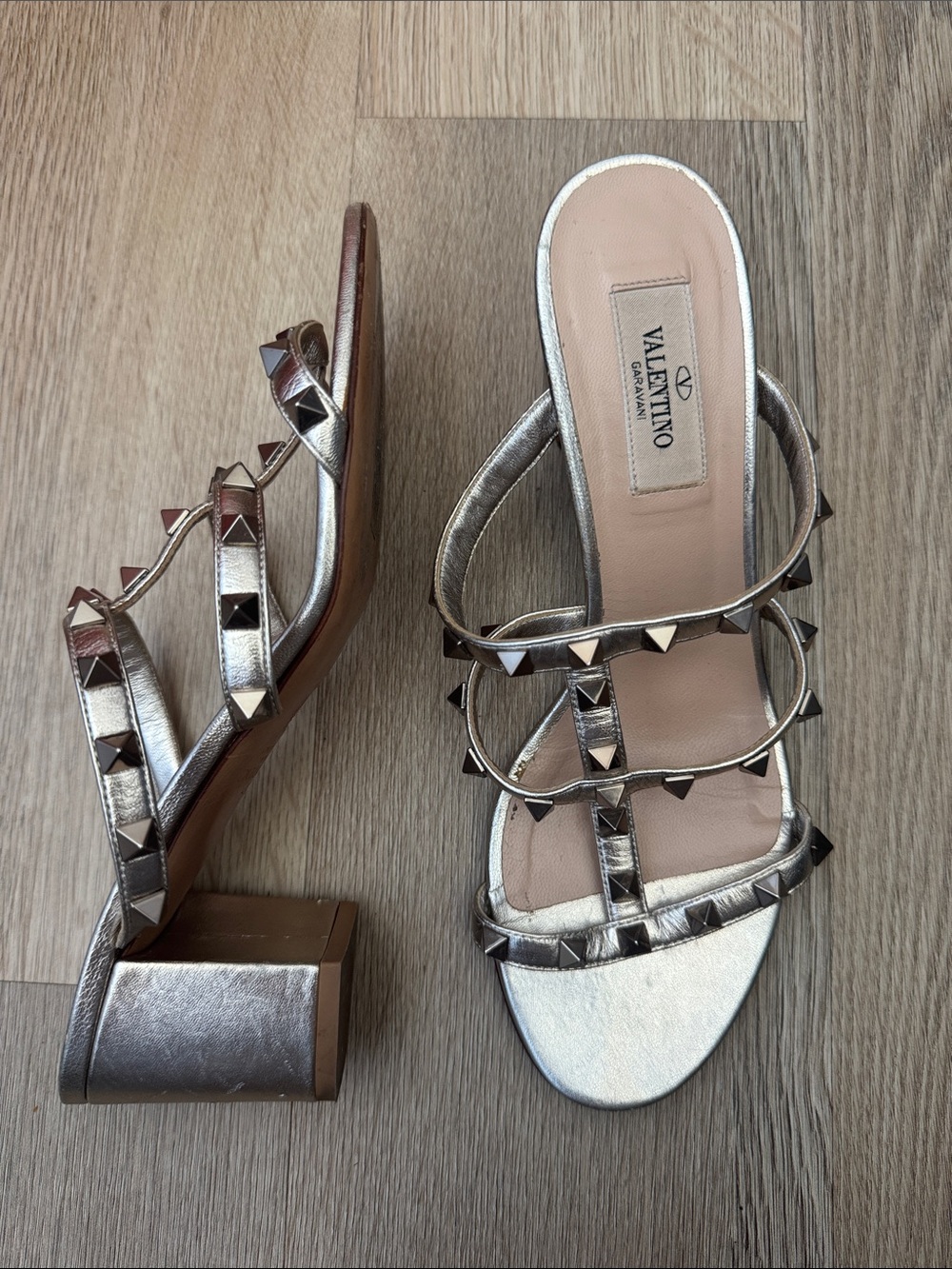 Valentino Rockstud Strappy Block-Heel Sandals - Metallic Gold